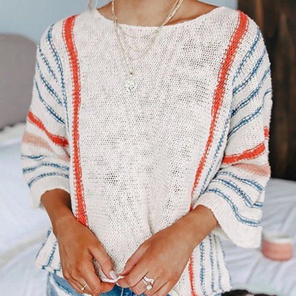 Nanu Beige & Red Stripe Sweater Tops Long Sleeve S - Picture 1 of 5